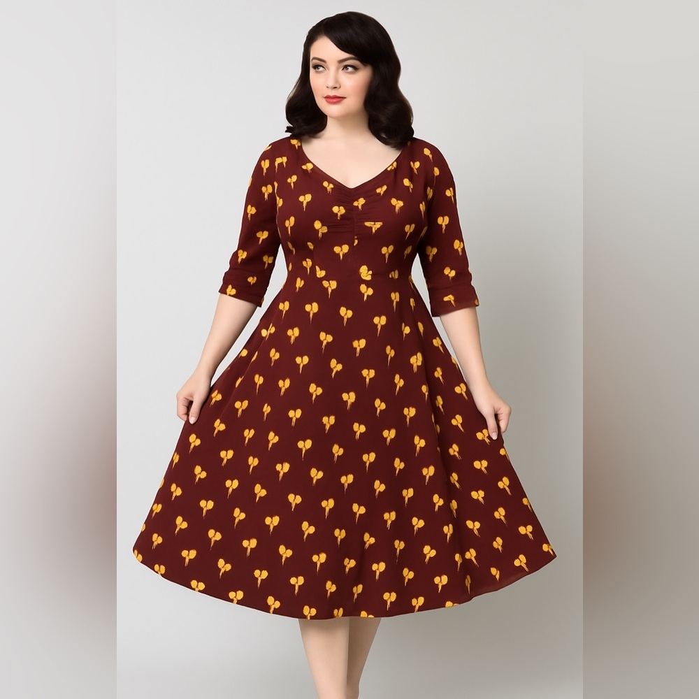 Unique Vintage X GB Gywnnie Bee Maroon Yellow Midi 0X Heart Balloon Dress